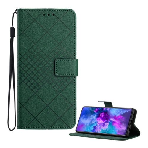 Tok álló, bőr hatású (FLIP, oldalra nyíló, asztali tartó, négyzet, prémium) SÖTÉTZÖLD