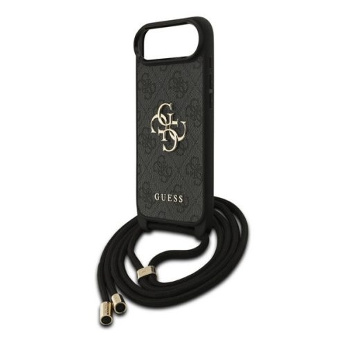 GUESS 4G BIG LOGO CORD STAP CROSSBODY műanyag telefonvédő (ütésállóság, bőr hatású hátlap + vállpánt) FEKETE