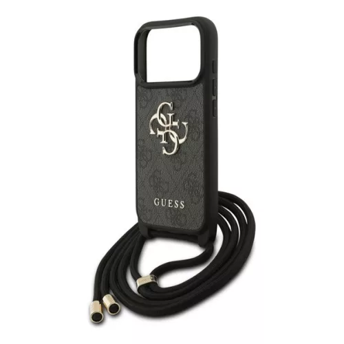 GUESS 4G BIG LOGO CORD STAP CROSSBODY műanyag telefonvédő (ütésállóság, bőr hatású hátlap + vállpánt) FEKETE