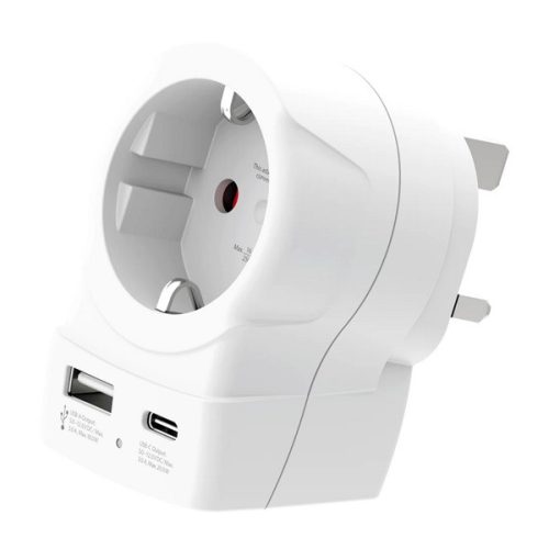 SKROSS utazó töltő USB+Type-C aljzat (250V/2.5A, 20W, gyorstöltő, EU2 pin - UK, földelt) FEHÉR