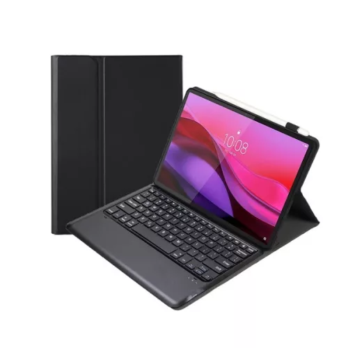 Tok álló, bőr hatású (FLIP, bluetooth billentyűzet, asztali tartó, QWERTY, angol nyelvű, ceruza tartó) FEKETE