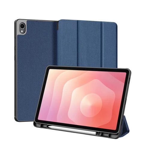 DUX DUCIS DOMO tok álló, bőr hatású (aktív FLIP, oldalra nyíló, TRIFOLD, asztali tartó, ceruza tartó) SÖTÉTKÉK