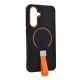 Szilikon telefonvédő (mikrofiber plüss belső, kameravédő, ujjra húzható pánt, MagSafe) FEKETE