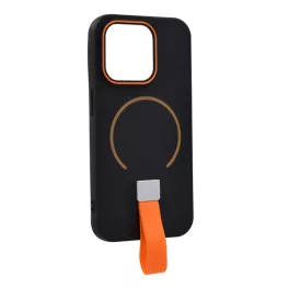   Szilikon telefonvédő (mikrofiber plüss belső, kameravédő, ujjra húzható pánt, MagSafe) FEKETE