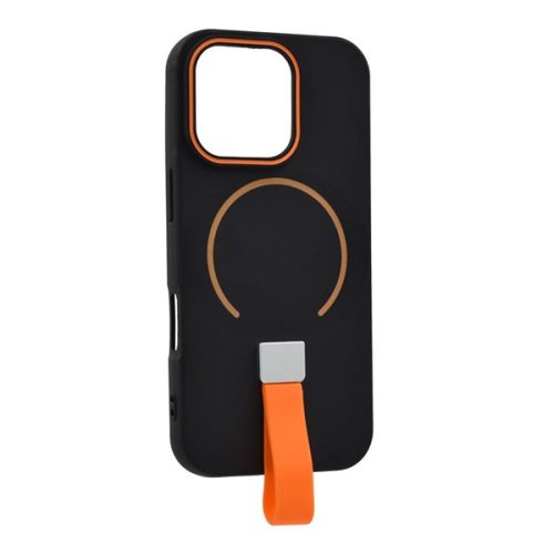 Szilikon telefonvédő (mikrofiber plüss belső, kameravédő, ujjra húzható pánt, MagSafe) FEKETE