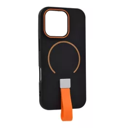   Szilikon telefonvédő (mikrofiber plüss belső, kameravédő, ujjra húzható pánt, MagSafe) FEKETE