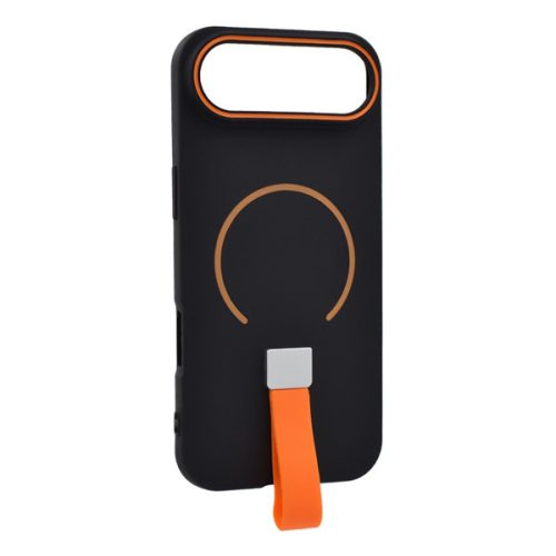 Szilikon telefonvédő (mikrofiber plüss belső, kameravédő, ujjra húzható pánt, MagSafe) FEKETE