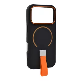   Szilikon telefonvédő (mikrofiber plüss belső, kameravédő, ujjra húzható pánt, MagSafe) FEKETE