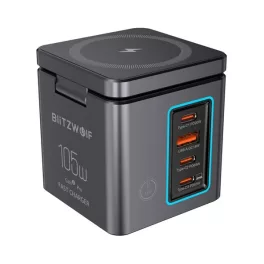   BLITZWOLF asztali töltőállvány USB+3 Type-C (105W, gyorstöltő, wireless, MagSafe, Airpods, Apple Watch töltő) FEKETE