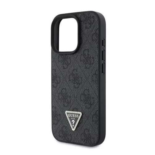 GUESS PU 4G STRASS TRIANGLE METAL LOGO műanyag telefonvédő (ütésállóság, bőr hatású hátlap) FEKETE