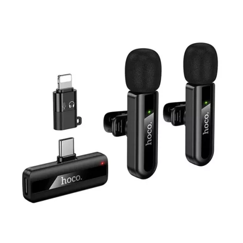 HOCO L20A bluetooth mikrofon 2db (Type-C/Lightning, LAVALIER csíptethető, zajszűrő) FEKETE