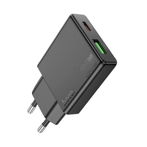 HOCO N38 hálózati töltő USB+Type-C aljzat (20W, PD gyorstöltő 3.0, vékony) FEKETE