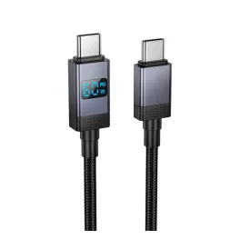   HOCO X118 adatkábel (Type-C - Type-C, 60W, gyorstöltő, LED kijelző, cipőfűző, 100cm) FEKETE