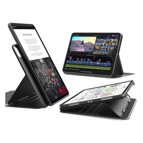 ESR FLIP HYBRID szilikon telefonvédő (aktív FLIP, TRIFOLD, asztali tartó, ütésállóság, ceruza tartó) FEKETE