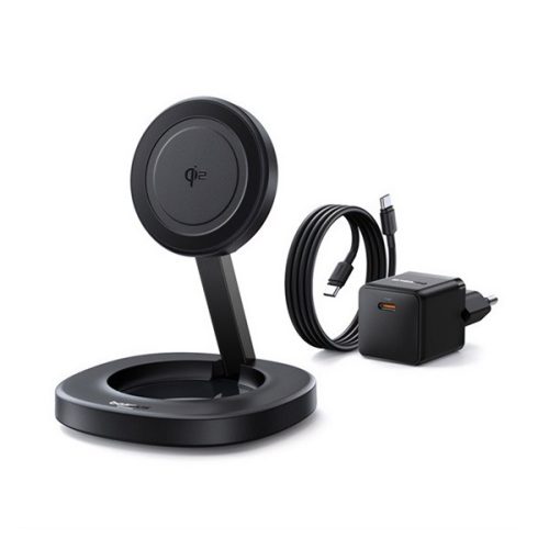 BASEUS ENERFILL FF11 asztali töltő (15W, gyorstöltő, wireless, mágneses, összehajtható + tápegység) FEKETE