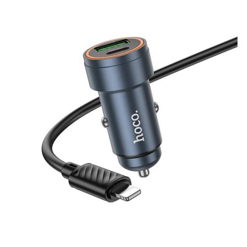 HOCO Z57A autós töltő Type-C+USB aljzat (30W, PD gyorstöltő 3.0 + lightning kábel) FEKETE