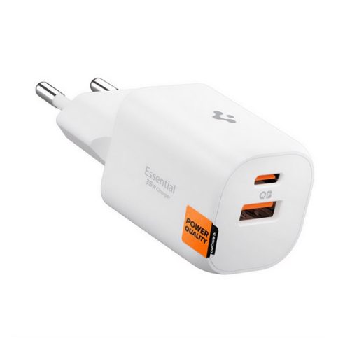 SPIGEN ESSENTIAL EE352EU hálózati töltő USB+Type-C aljzat (35W, GaN, PD gyorstöltő 3.0) FEHÉR