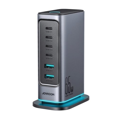 JOYROOM JR-TCM02 hálózati töltő 2 USB+4 Type-C aljzat (65W, GaN, PD gyorstöltő) SÖTÉTSZÜRKE