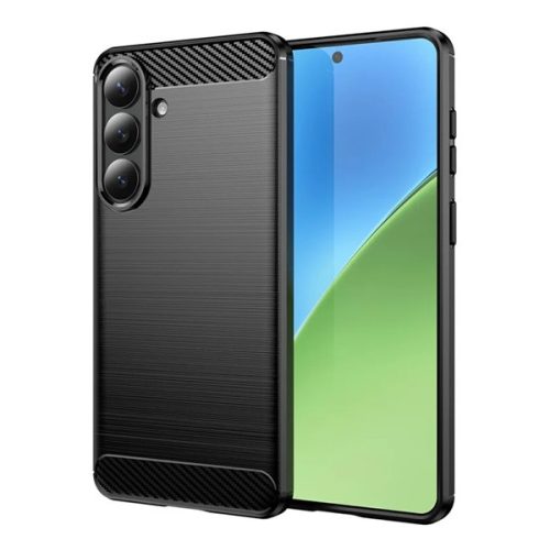 Szilikon telefonvédő (ütésállóság, légpárnás sarok, szálcsiszolt, karbon minta) FEKETE