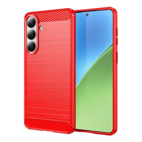 Szilikon telefonvédő (ütésállóság, légpárnás sarok, szálcsiszolt, karbon minta) PIROS