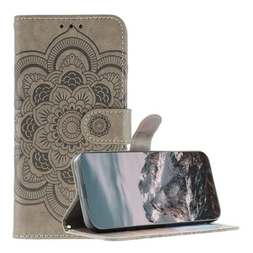 Tok álló, bőr hatású (FLIP, oldalra nyíló, asztali tartó, bankkártya tartó, kézpánt, mandala) SÖTÉTSZÜRKE