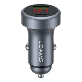   USAMS CC327 autós töltő USB+Type-C aljzat (45W, PD gyorstöltő, LED kijelző) SÖTÉTSZÜRKE