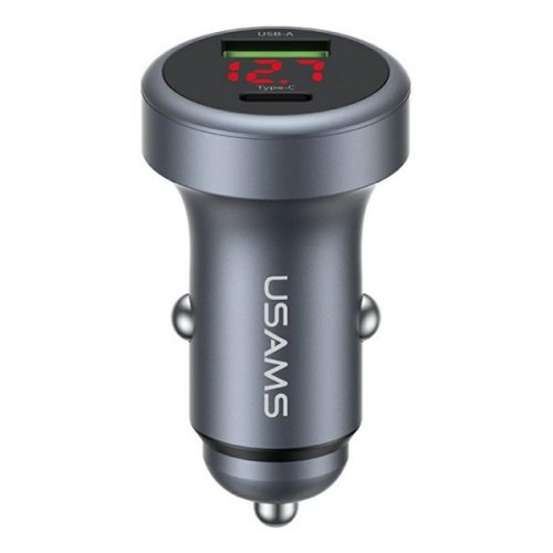 USAMS CC327 autós töltő USB+Type-C aljzat (45W, PD gyorstöltő, LED kijelző) SÖTÉTSZÜRKE