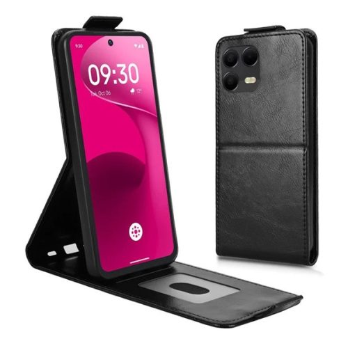 Tok álló, bőr hatású (FLIP, lefelé nyíló, szilikon tartó, kártyatartó) FEKETE