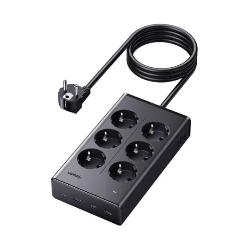 UGREEN S622 hálózati elosztó 6 AC+3 USB+Type-C aljzat (20W, GaN, PD gyorstöltő 3.0 + 150cm tápkábel) FEKETE