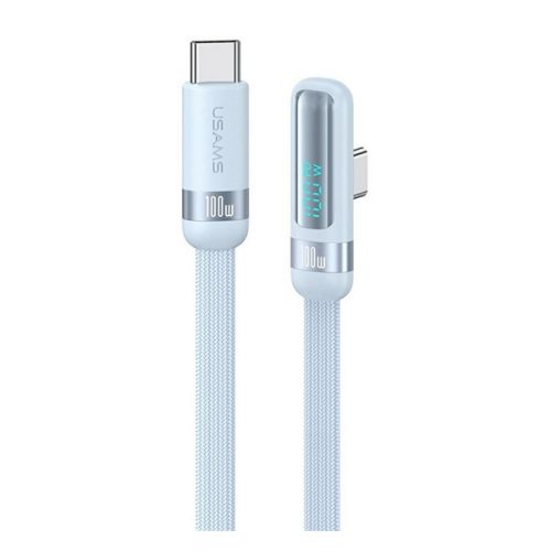 USAMS US-SJ653 adatkábel (Type-C - Type-C, 100W, gyorstöltő, 90 fokos, cipőfűző, LED kijelző, 120cm) VILÁGOSKÉK
