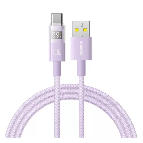 BASEUS DISPLAY II adatkábel (USB - Type-C, 100W, gyorstöltő, cipőfűző, LED kijelző, 100cm) LILA