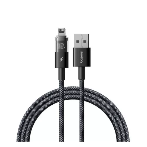 BASEUS DISPLAY II adatkábel (USB - lightning, 2.4A, gyorstöltő, cipőfűző, LED kijelző, 100cm) FEKETE