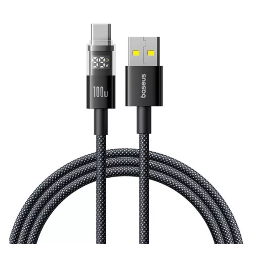 BASEUS DISPLAY II adatkábel (USB - Type-C, 100W, gyorstöltő, cipőfűző, LED kijelző, 100cm) FEKETE