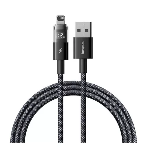 BASEUS DISPLAY II adatkábel (USB - lightning, 2.4A, gyorstöltő, cipőfűző, LED kijelző, 200cm) FEKETE