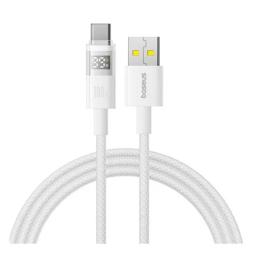 BASEUS DISPLAY II adatkábel (USB - Type-C, 100W, gyorstöltő, cipőfűző, LED kijelző, 200cm) FEHÉR