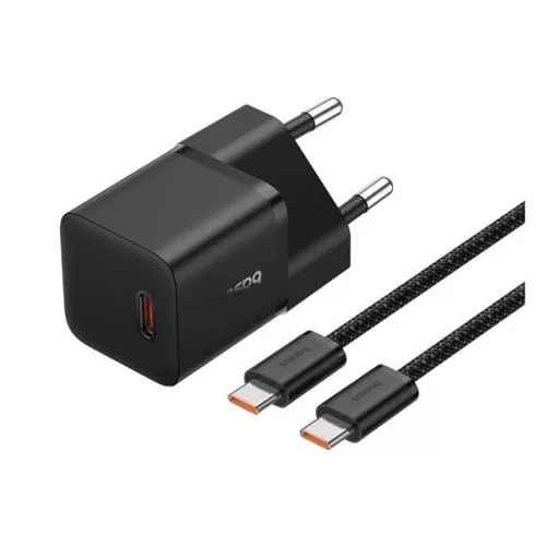 BASEUS GaN5 MINI 1C hálózati töltő Type-C aljzat (20W, PD gyorstöltő, GaN5 + Type-C kábel) FEKETE