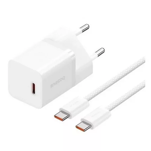 BASEUS GaN5 MINI 1C hálózati töltő Type-C aljzat (30W, PD gyorstöltő, GaN5 + Type-C kábel) FEHÉR