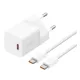BASEUS GaN5 MINI 1C hálózati töltő Type-C aljzat (30W, PD gyorstöltő, GaN5 + Type-C kábel) FEHÉR