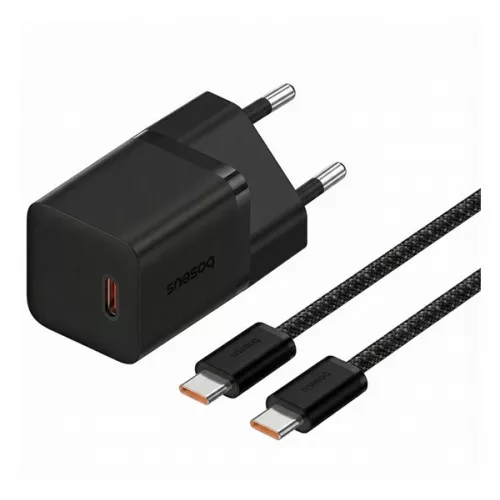 BASEUS GaN5 MINI 1C hálózati töltő Type-C aljzat (30W, PD gyorstöltő, GaN5 + Type-C kábel) FEKETE