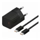 BASEUS GaN5 MINI 1C hálózati töltő Type-C aljzat (30W, PD gyorstöltő, GaN5 + Type-C kábel) FEKETE