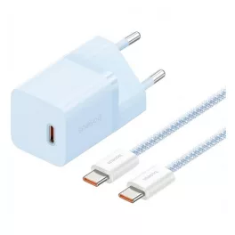   BASEUS GaN5 MINI 1C hálózati töltő Type-C aljzat (30W, PD gyorstöltő, GaN5 + Type-C kábel) VILÁGOSKÉK