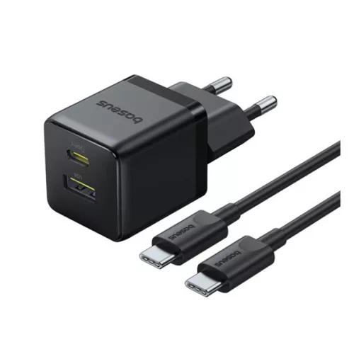 BASEUS PALM hálózati töltő USB+Type-C aljzat (30W, PD gyorstöltő 3.0 + Type-C kábel) FEKETE