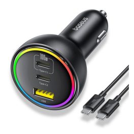   BASEUS autós töltő 2 Type-C+USB aljzat (152.5W, PD gyorstöltő 3.0, LED fény + csévélhető lapos Type-C kábel) FEKETE