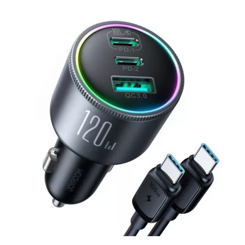 JOYROOM autós töltő USB+2 Type-C aljzat (120W, PD gyorstöltő 3.0 + Type-C kábel) SÖTÉTSZÜRKE