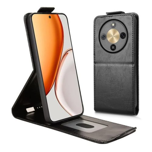 Tok álló, bőr hatású (FLIP, lefelé nyíló, asztali tartó, bankkártya tartó, mágnescsat) FEKETE