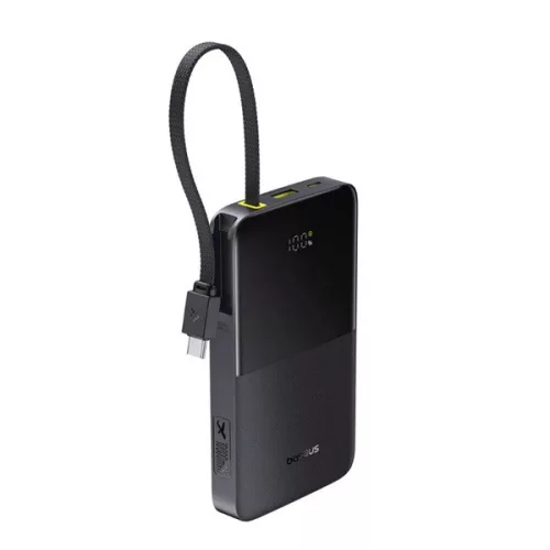 BASEUS ENERFILL FC51 BIPOW 2 vésztöltő Type-C+USB aljzat (10000mAh, 22.5W, PD gyorstöltő, LED + fix Type-C kábel) FEKETE