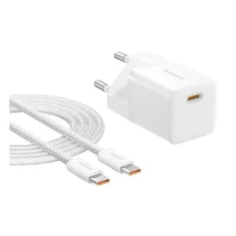   BASEUS GaN5 MINI hálózati töltő Type-C aljzat (25W, PD gyorstöltő, GaN5 + Type-C kábel) FEHÉR