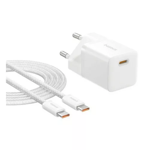 BASEUS GaN5 MINI hálózati töltő Type-C aljzat (25W, PD gyorstöltő, GaN5 + Type-C kábel) FEHÉR
