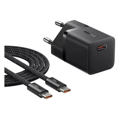 BASEUS GaN5 MINI hálózati töltő Type-C aljzat (25W, PD gyorstöltő, GaN5 + Type-C kábel) FEKETE
