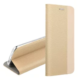   Tok álló, bőr hatású (FLIP, oldalra nyíló, asztali tartó, textil minta) ARANY